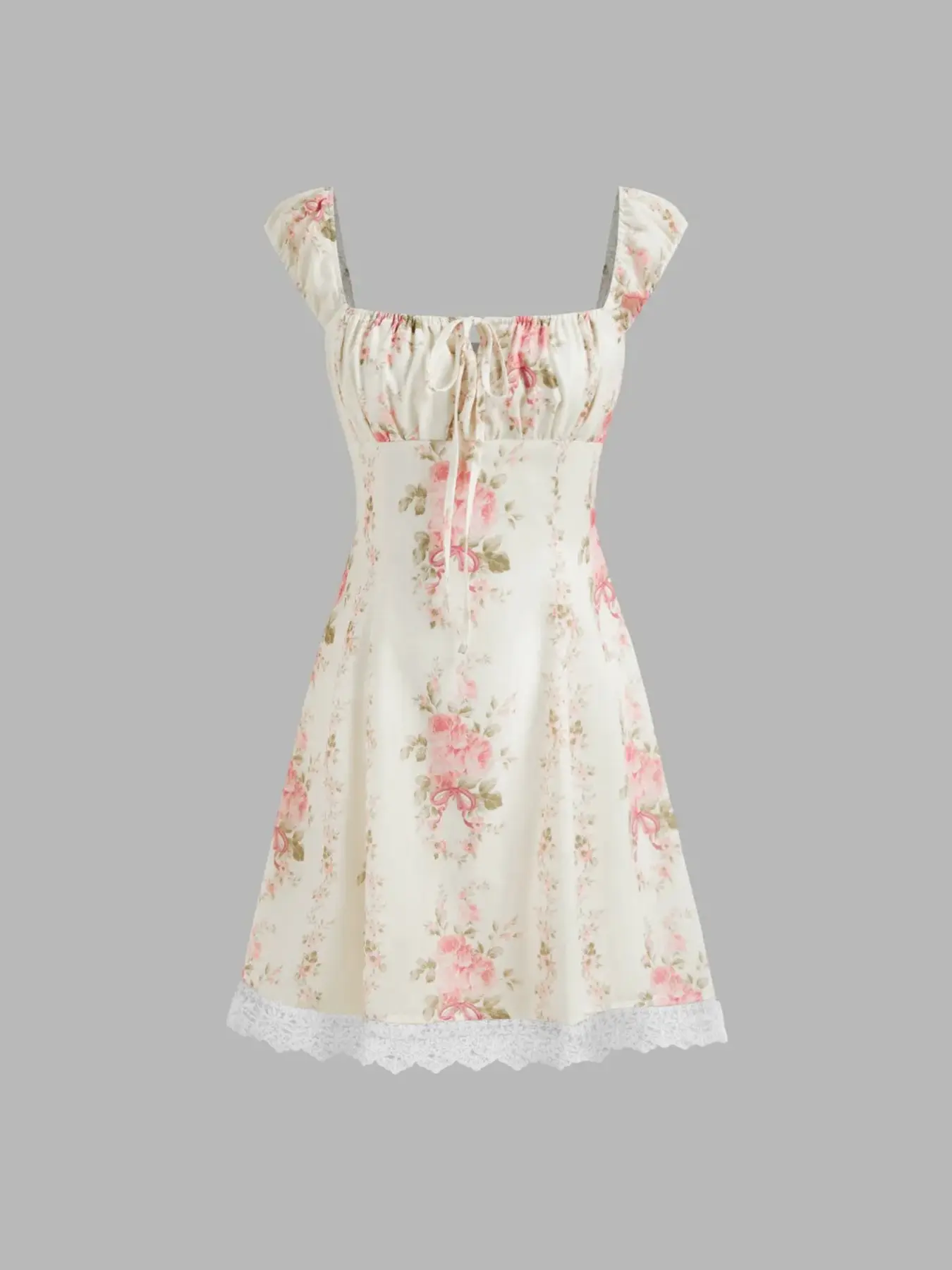 1 Piece Women Floral Print Square Neck Mini Dress Front Tie Lace Trim A Line Sleeveless Short Dress Relaxed Flared Silhouette Vacation Party Daily Going Out Figure Flattering, Casual For Ladies Summer Outdoor Slip Dress Boho, Casual Boho Fashion