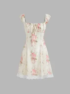 This Floral Print Mini Dress is Coquette Cottagecore Vibes 🎀 | Tie Front Lace Trim A-Line Sundress