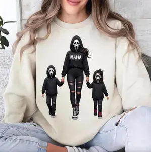 Horror Halloween Character MAMA Family Sweatshirt, Halloween Mama Shirt, Horror Mama Sweater, Spooky Mama Shirt, Halloween Shirt, Spooky Season Hoodie, Unisex Casual Cotton Printed Graphic Crewneck Streetwear Gift For Men For Women
