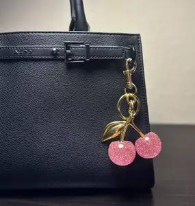 Cherry Bag Charm for Purse - Sparkling Pink Cherries with Gold Chain - Perfect for Handbags and Accessories