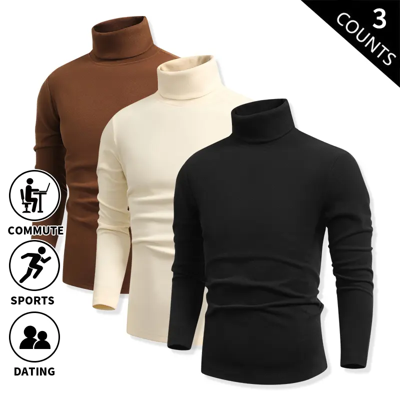 Men’s 3-Pack High-Neck Terry Base Layer Long-Sleeve T-Shirts, Warm, Slim Fit, Figure-Flattering, Solid Color, Simple Underwear for Autumn