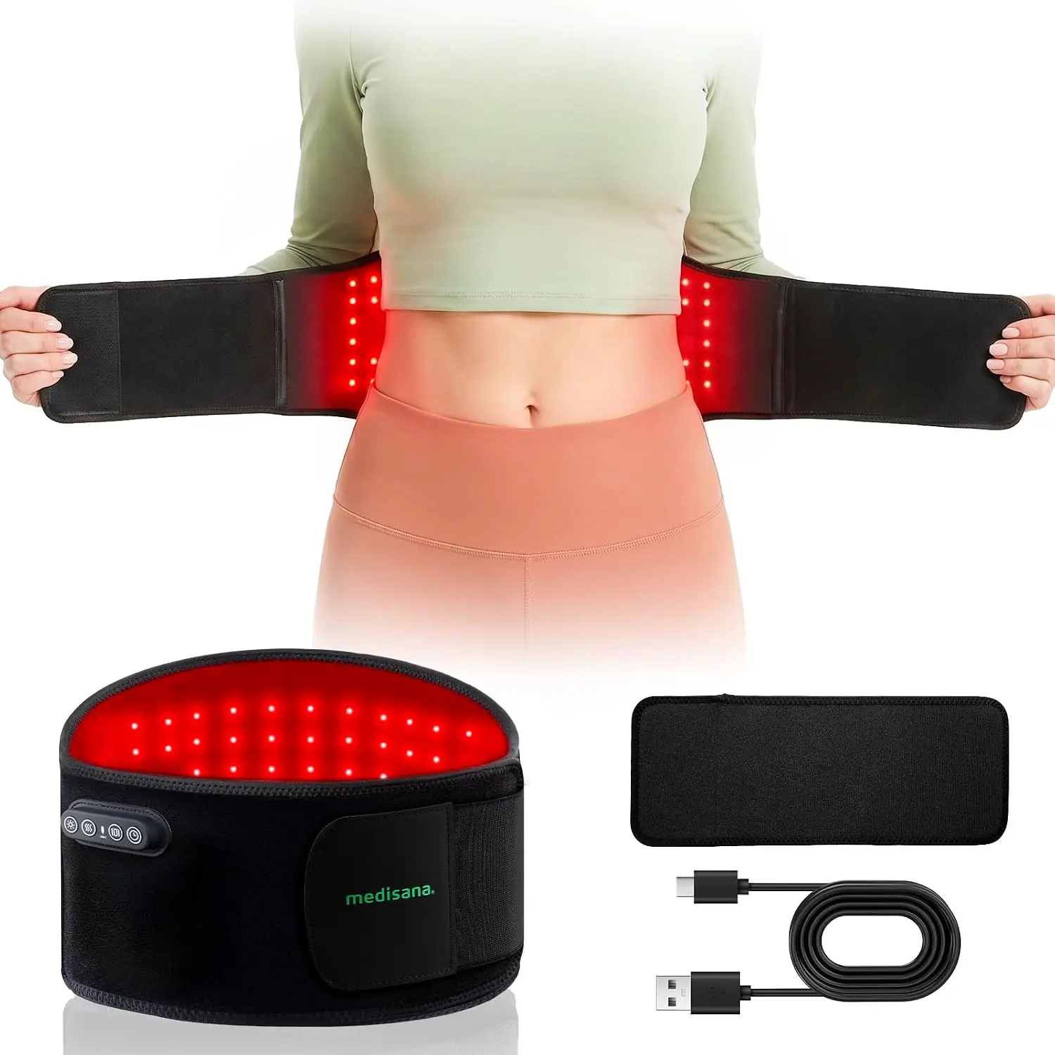 Medisana Red Light Therapy Belt for Body, 3-in-1 LED with 850nm & 660nm, 3 Light Modes, 3 Vibration Levels & Heat, 5000mAh Rechargeable, Adjustable Strap Red Light Therapy Belt for Back Pain