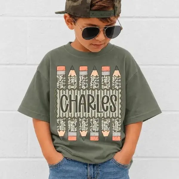 (Custom name) Youth & Adult Personalized Back to School Shirt, Custom Name Pencil Camo Kids Tee, First Day School Gift, USA-Made & Printed Apparel, KidCotton Store	