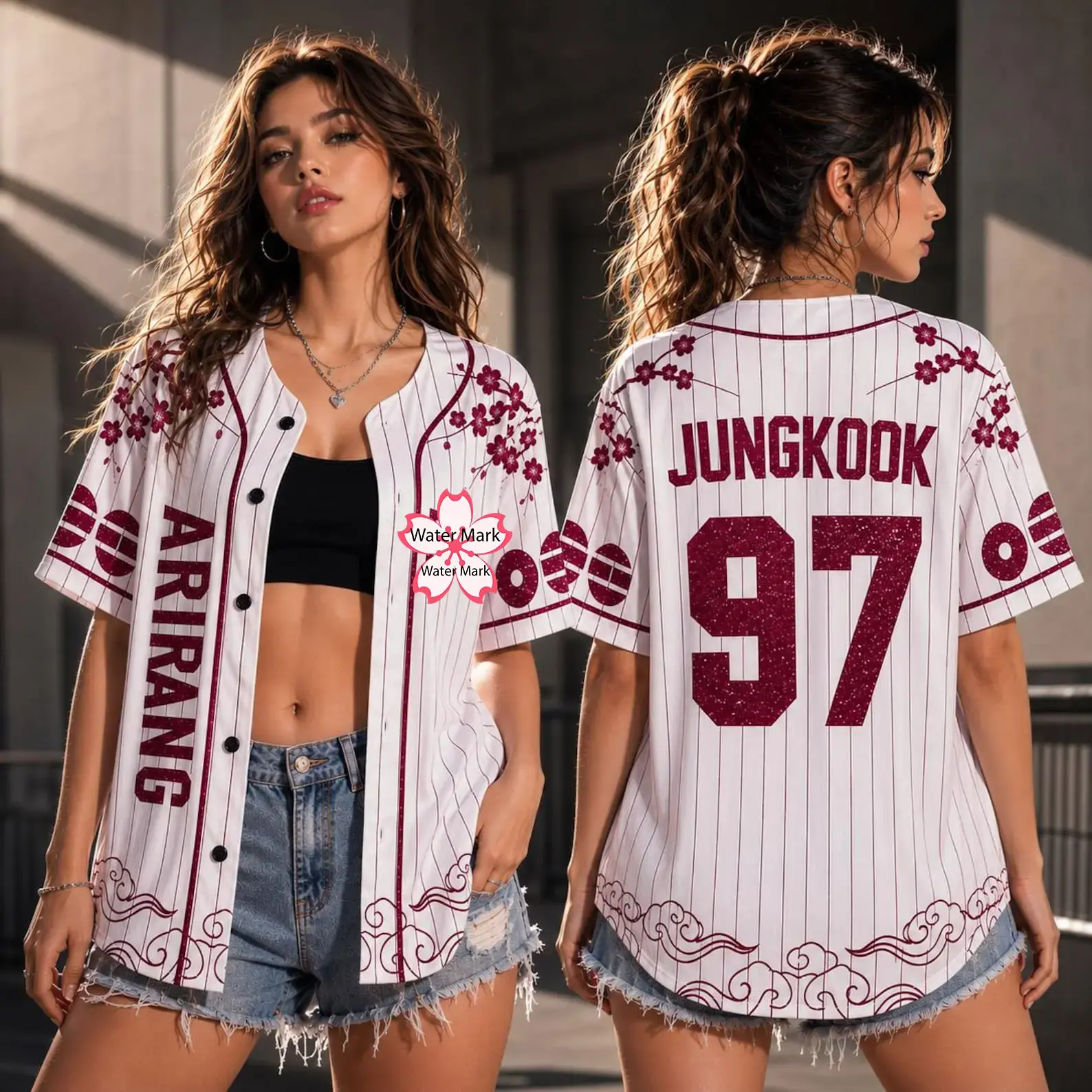 97 Arirang White Pinstripe Baseball Jersey, Cherry Blossom Maroon Glitter Concert Button-Down Shirt, Y2K Kpop Streetwear Women