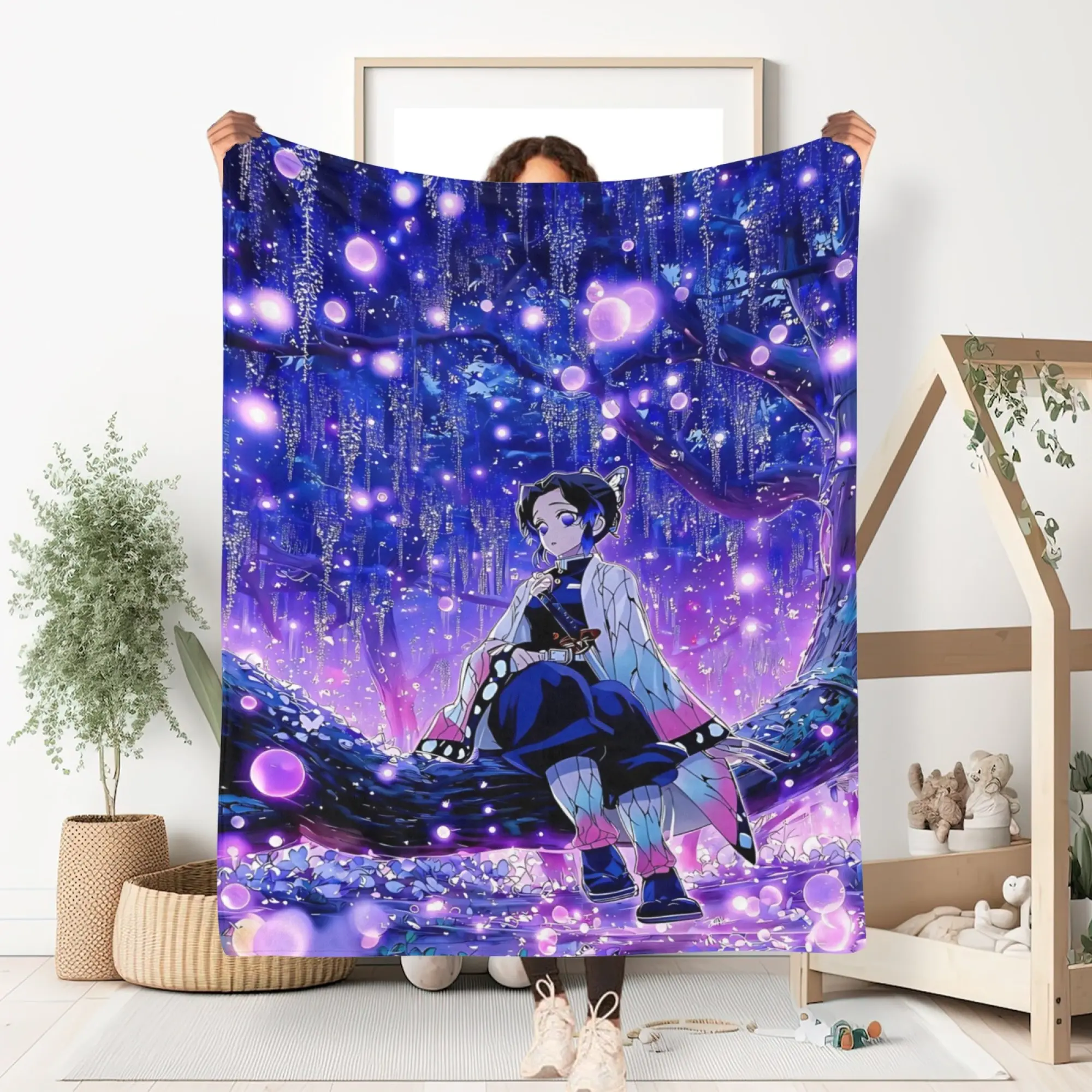 Demon Slayer Kimetsu No Yaiba Shinobu Kocho Purple Wisteria Fireflies Fleece Throw Blanket - Warm Cozy Dreamy Butterfly Hashira Anime Flannel Blanket For Couch Bed Bedroom - Perfect Birthday Christmas Valentine's Day Gift For Teen Girls Women Anime Lovers