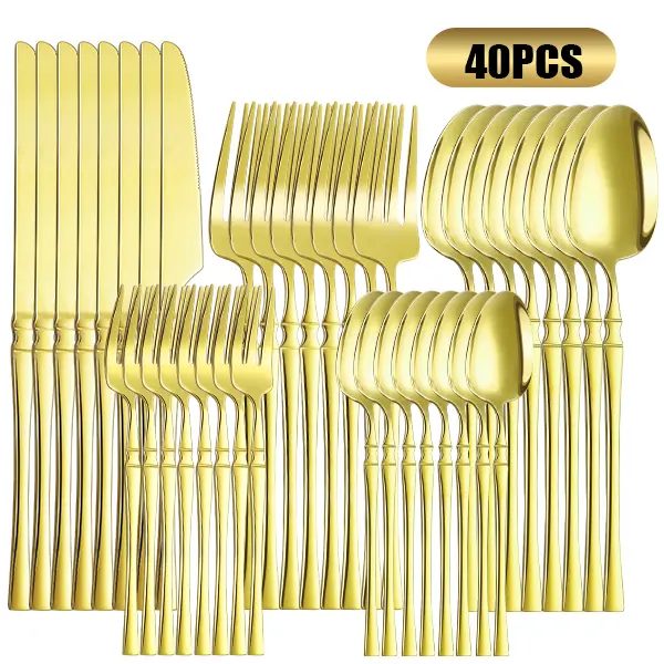 40-Piece Gold Stainless Steel Flatware Set, Serves 8, Luxurious Long-Handle Cutlery Includes Dinner Knives, Dinner Forks, Salad Forks, Dinner Spoons, Teaspoons, Dishwasher Safe Golden Tableware for Weddings, Dinner Parties, and Everyday Use kitchen