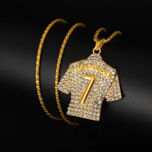 Best-selling World Cup No.7 Jersey Necklace with Diamond-encrusted Pendant 4.3x4.7cm Alloy Material Light Luxury Design for Casual Wear and Gifts