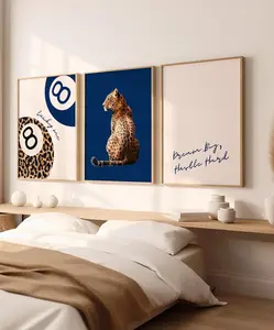 Navy Blue Set of 3 Leopard Wall Art Cheetah Animal Print 8 Ball Lucky Me Trendy Wall Gallery Preppy Cheetah Print Poster Digital Download