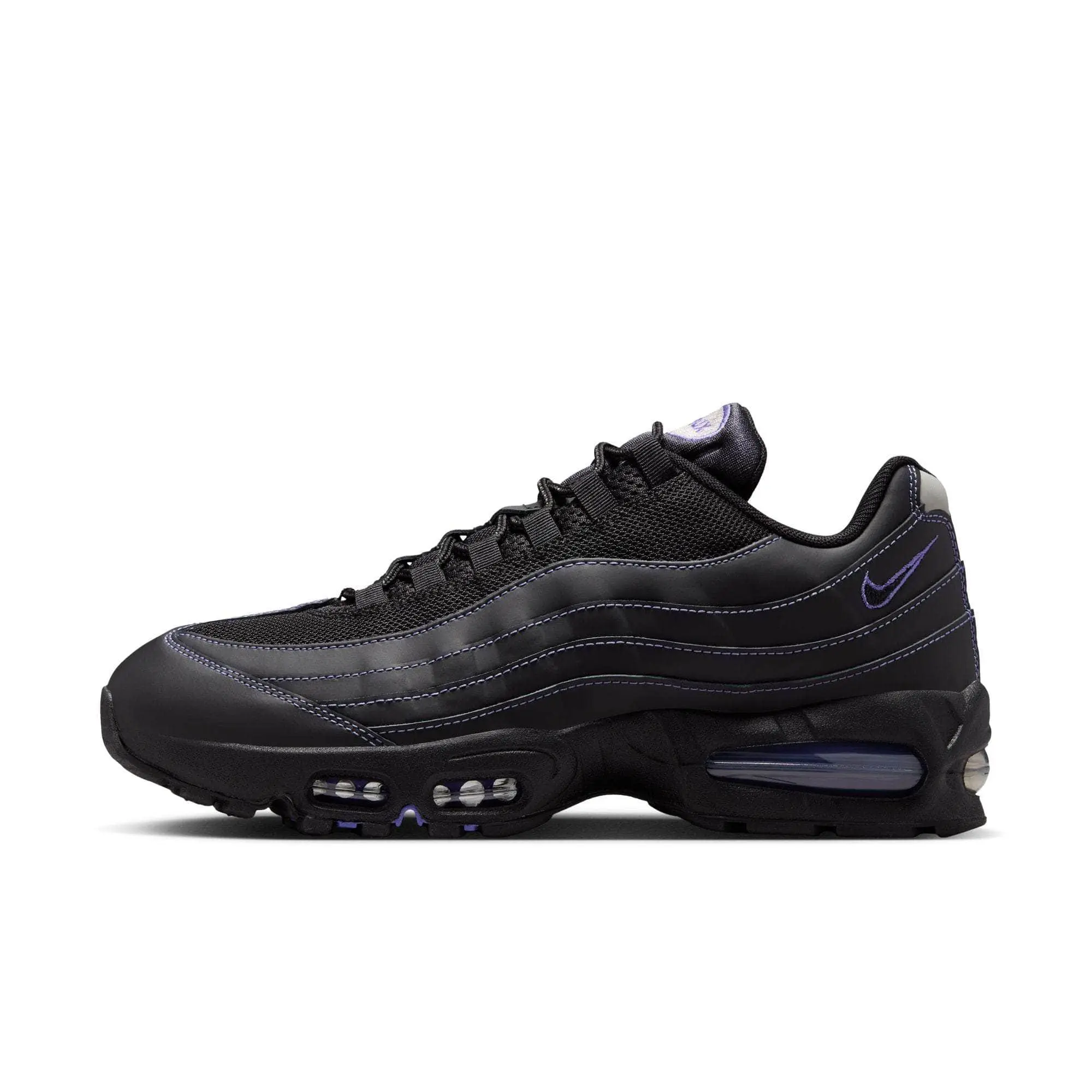 NIKE Men's Air Max 95 OG Sneaker in Black & Persian Violet, Athletic Performance Shoe with a Leather Mix and Visible Air Cushioning, Casual