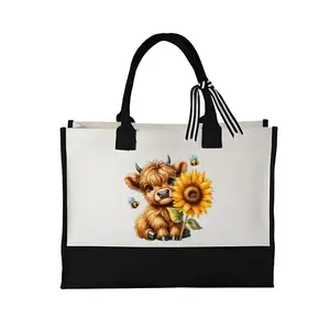 Printed Tote Bag - Adorable Baby Cow Holding Sunflower Design, Stylish & Spacious Everyday Carryall, Lightweight Shopping Bag for Work, Travel, Casual Outings