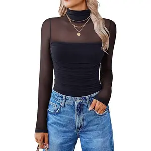 Women Long Sleeve Bodysuit Turtle Neck Shapewear Body Suits Mesh One Piece Leotard Shirt Going Out Tops Fall Outfits