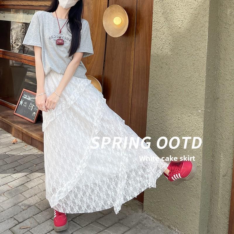 2025 Lace Skirt Women's Summer White A- line Dress Cake Dress Maxi Skirts