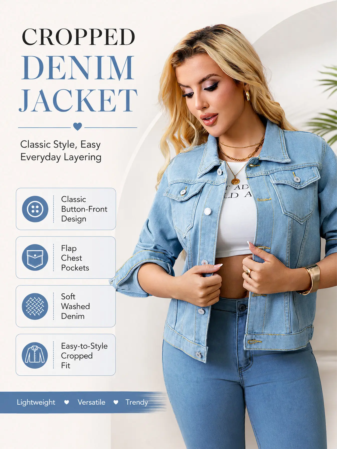 VERNOLA Women's Cropped Woven Jean Jacket, Classic Buttondown Light Wash Denim Top with Pockets, Tee, Long Sleeve, Basic