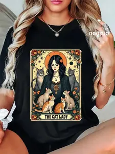 100% Cotton Unisex The Cat Lady Tarot Card Shirt Women Witchy Gothic Cat Mom T-Shirt Casual Top