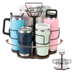 Water Bottle Organizer for Stanley&Yeti, Rotating Stanley Cup Organizer Holder with 6 Slots for 20-40oz, Tumbler Holder Organizer, Stanley Cup Accessories (Brown)