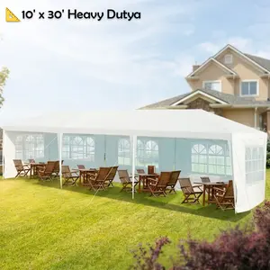 10x30 Ft Canopy Tent Heavy Duty Steel Frame White PE Wedding Party Tent with 5 Removable Sidewalls Transparent Windows Buckle Frame for Commercial Market Wedding Reception Festival Family Reunion Summer Must Have