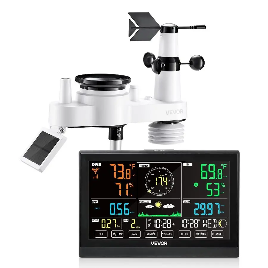 VEVOR 7-in-1 Wireless Weather Station with 7.5-inch VA Display, Solar-Powered Outdoor Sensor, Rain Gauge, Indoor-Outdoor Forecast Tool for Temperature, Humidity, Wind Speed & Direction (No WiFi)