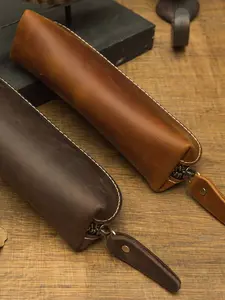 Handmade Leather Pencil Case for Men and Women, Vintage Style Japanese Aesthetic Real Leather Pen Box, Youth Stationery Zipper Bag