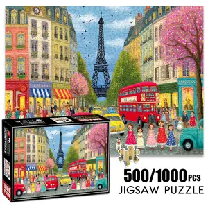 1pc 1000 piece adult puzzle 70x50cm Paris Street Scene with Eiffel Tower, Cars and People 500 pieces paper jigsaw puzzle suitable for DIY creative games for adults and families, birthday and holida