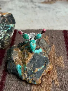 Handmade Prickly Pear Cactus Sterling Silver Dahlia Rose With Emerald Valley Turquoise Ring "Signed Nizhoni"