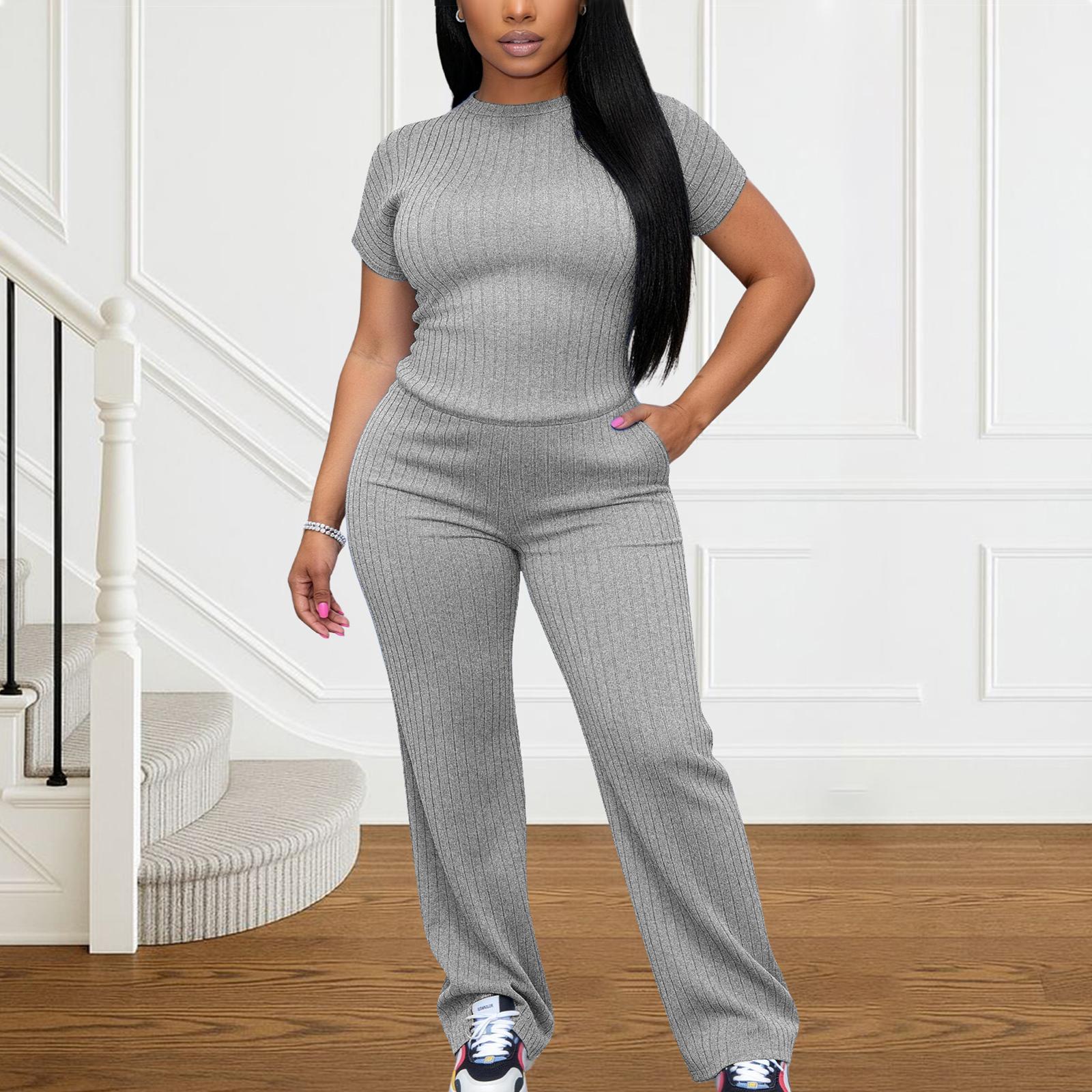Women's All-Season Ribbed Knit Set - Thin Lightweight Fabric, Crew Neck Short Sleeve Tee & Wide Leg Pants with Pockets, Comfy for Loungewear, WFH & Weekend Casual Women's All-Season Ribbed Knit Set - Thin Lightweight Fabric, Crew Neck Short Sleeve Tee & Wide Leg Pants with Pockets, Comfy for Loungewear, WFH & Weekend Casual