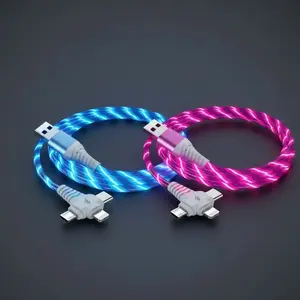 3 in 1 USB Charging Cable Bundle, 2 Counts/set Including 1 Count Blue & 1 Count Red Glow in The Dark Silicone Flat Cables with Type-C, Lightning, Micro USB Connectors for iPhone and Android Devices