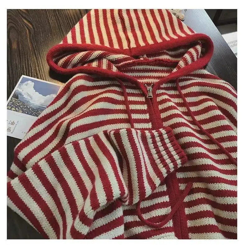 Oversized Knitted Striped Hooded Cardigan Women Autumn Winter Loose Casual Zipper Sweaters Versatile Knitting Outerwear