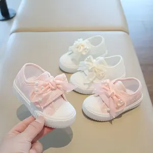 Girls' Pearl & Bow Princess Shoes with ic Snap Closure - Soft-Soled Low-Top White/Rainbow/Pink/Beige s, Breathable Fabric & Cushioned Rubber Sole for Weddings, Parties, Casual Attire (Easy On/Off) - New