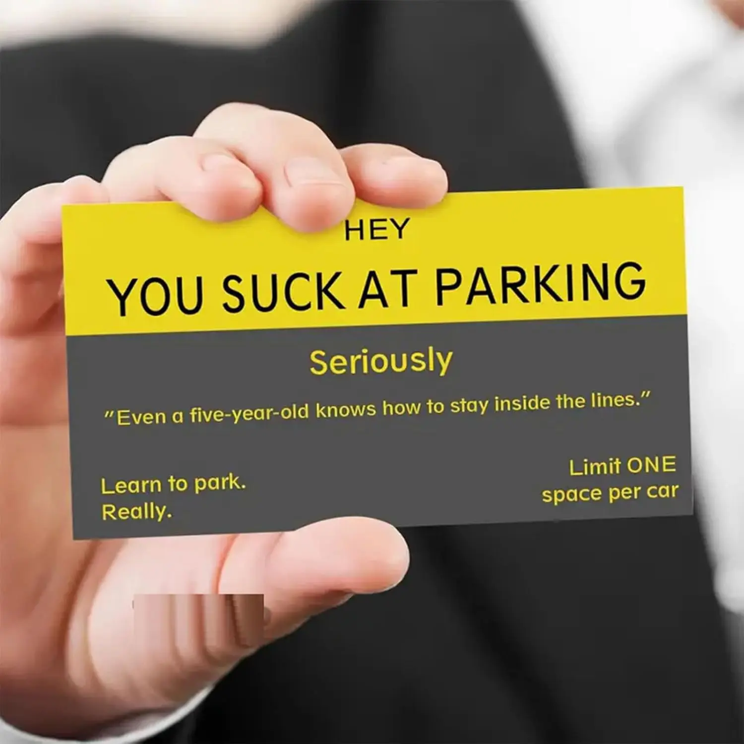 Bad Parking Cards - 100 count You Suck At Parking Cards -Funny Parking Violation Tickets Learn To Park Polite Reminder Business Cards(3.5 x 2 Inches), Grey Yellow