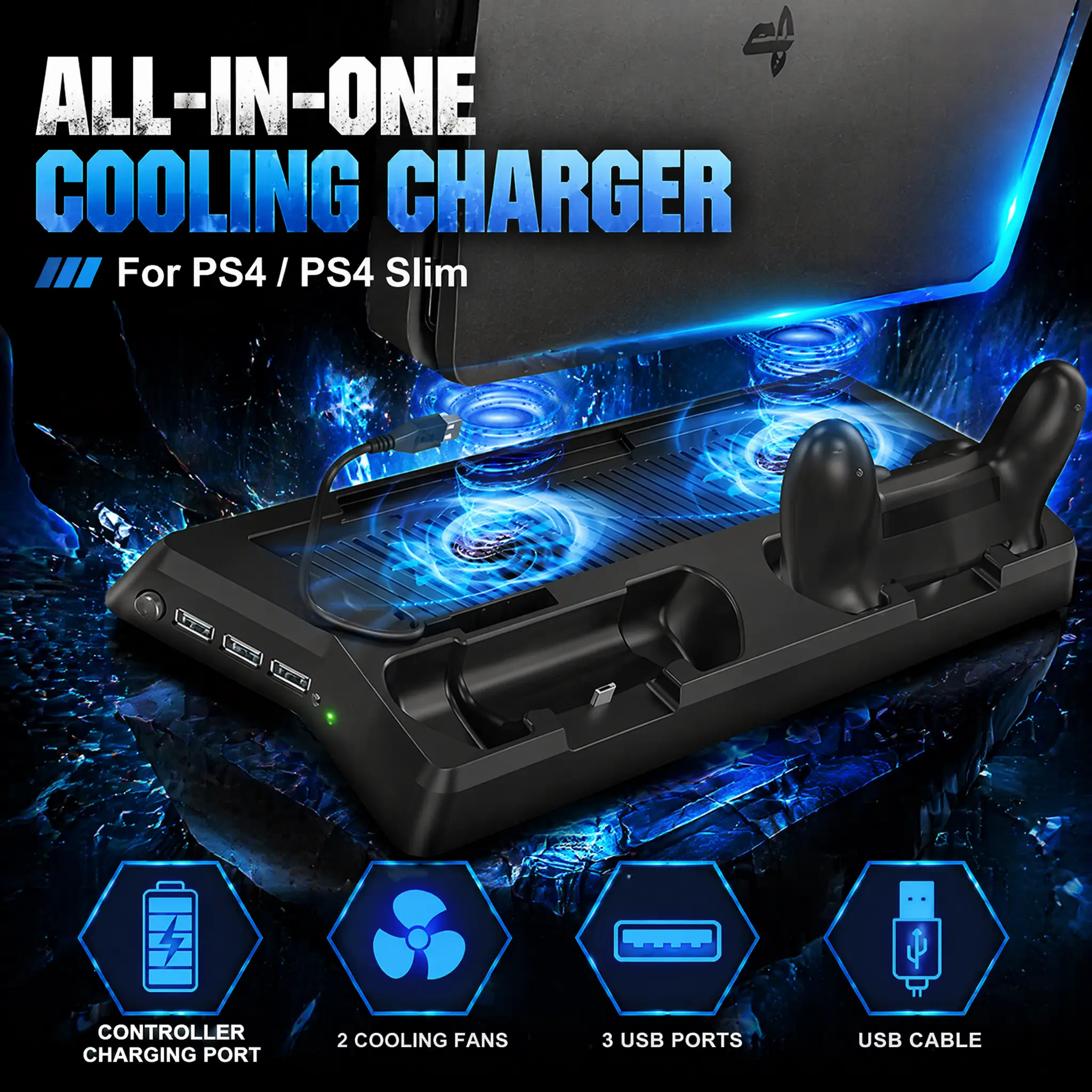 RUNTOGOL Vertical Stand for PS4 Slim/PS4 with Dual Controller Charger Dock, 2 Cooling Fans, 3 USB Ports - Gaming Console Accessory for PlayStation4/PS4 Slime
