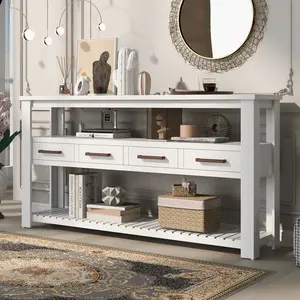 61.5'' Large Entryway Table with 4 Drawers,Painted Console Table with 3-Tier Open Shelves and Metal Handles,Versatile Hallway Sofa Table for Living Room, Bedroom, Foyer and Kitchen