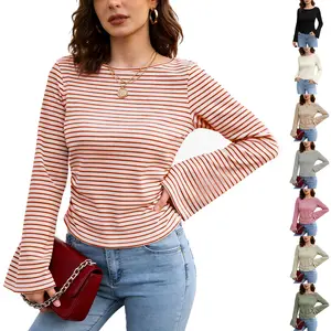 Mundoven Womens Long Sleeve Shirts 2026 Spring Crop Going Out Tops Casual Boat Neck Bell Sleeve Ribbed Ruched Y2K Clothes summerwins