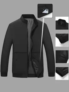 Men's Dark Grey Zip-Up Jacket Stand Collar Casual Style with Front Pockets Minimalist Solid Color Coat Medium Size