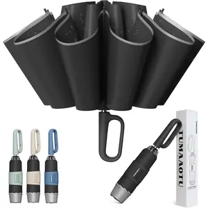 Inverted Umbrella with Carabiner Handle, Wind Proof Umbrellas For Rain and Sun, 46 Inch Portable Reverse Folding UV Umbrella, Car Umbrella for Women Men, 10 Ribs