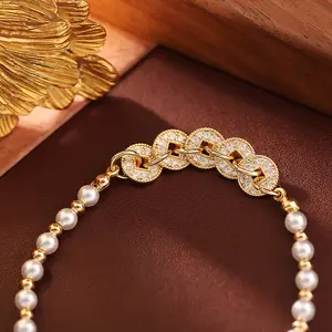 Lucky 5 Coin Zircon Pearl Bead Bracelet for Women, 14K Gold Plated Rhinestone Wealth Charm Wristband, Minimalist Elegant Feng Shui Stackable Fortune Jewelry Gift