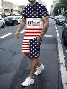 Men's Summer Fashion 2-Piece Set, Patriotic American Flag Print Casual Short Sleeve Round Neck Polyester Blend Top