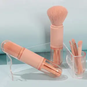 4-in-1 Portable Makeup Brush Kit - Mini Highlight, Contour, Eyeshadow & Blending Brush Set for Travel and Daily Touch-Ups Professional Pink