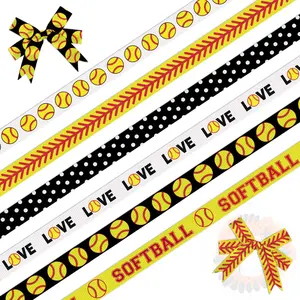 6 Rolls 18 Yards Softball Ribbons, 3/8" Black White Dot Grosgrain Ribbons Sport Yellow Red Ball Ribbons Wrapping Craft Ribbons for Sport Team Decoration and Theme Party Decorations Set Baking