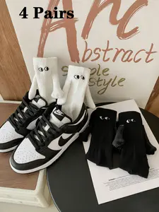 4 Pairs Couple Magnetic Hand Holding Socks, Spring Autumn Mid-Calf Stacked Socks, Cute Cartoon Eyes Sport Outerwear Socks, Elastic Socks