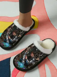 Cyborg Mechanical Wind Character Printed Cotton Slippers, Future Sci-Fi Style, Fuzzy Lined Anti-Slip Thick Sole, Home Use Men Women Fall Winter Warm Shoes