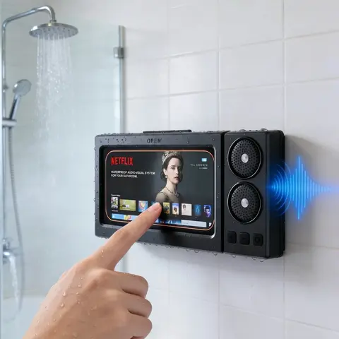 Waterproof Bathroom Phone Holder with Dual-Speaker Bluetooth Audio, 360° Rotating Touchscreen Bluetooth Speaker for Movies Music, Swimming Pool Kitchen,  Smartphone Holder