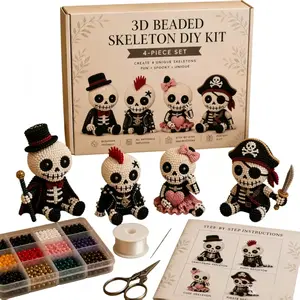 Halloween 3D Bead Skull DIY Kit - 4-Piece Set of Spooky and Cute Bead Sets, Mini 3D Bead Animals, Suitable for Adults, Beginners, and Craft Enthusiasts, Includes Instructions (4-Piece Set)