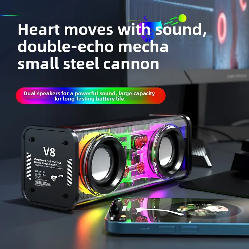 V8 Transparent Mecha Bluetooth Speaker Dual Speaker Desktop Small Cannon Sound System Subwoofer Trendy Wireless Bluetooth Speaker