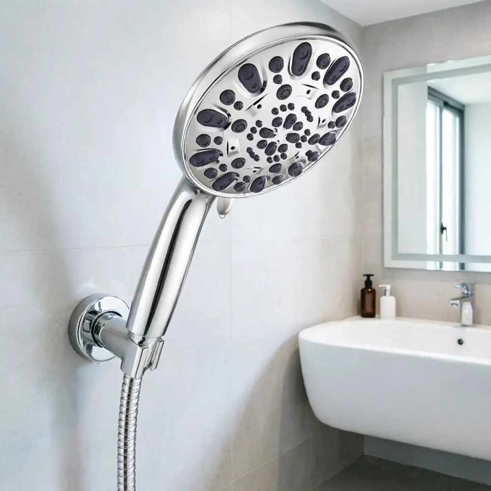 Chrome Finish Handheld Shower Head with 7 Spray Settings, High-Pressure Performance, Removable Design and Included Hose for Bathroom Shower Heads