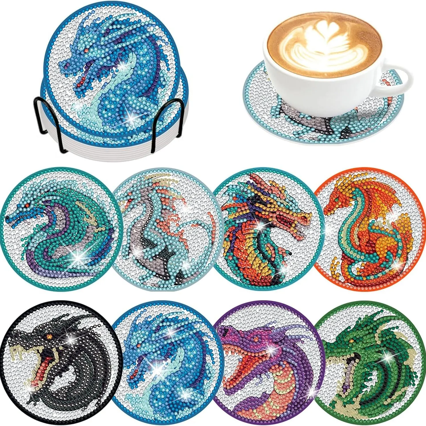 8-Piece Animal Pattern Diamond Painting Wooden Coasters For Drinks Set, DIY Creative Diamond Art Table Top Cup Mats, Decorative Coaster, Holiday Gift Idea
