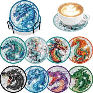 8-Piece Animal Pattern Diamond Painting Wooden Coasters Set, DIY Creative Diamond Art Table Top Cup Mats, Holiday Gift Idea