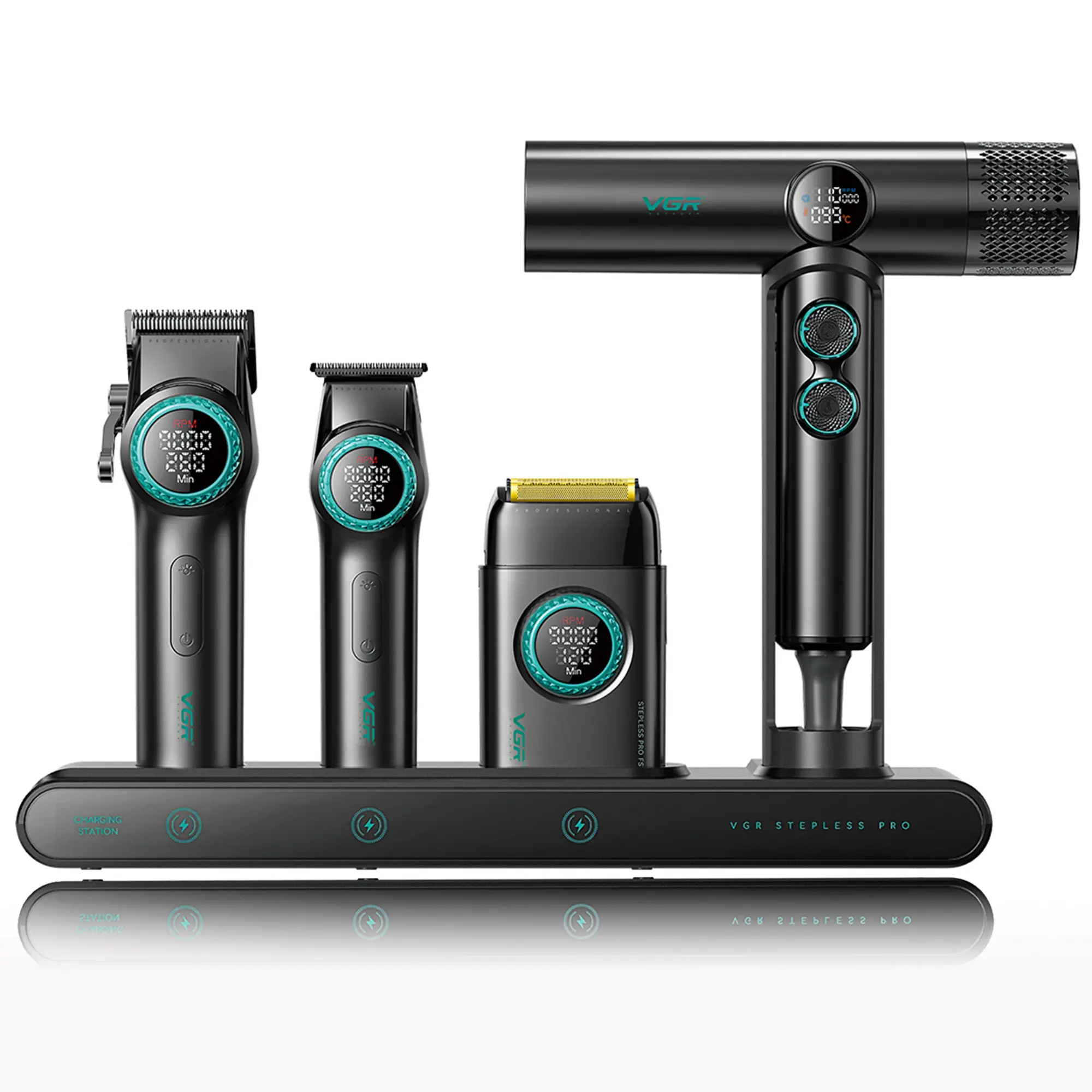 VGR Professional Barber Combo 4 in 1 – Cordless Hair Clipper, Trimmer, Foil Shaver & Powerful Hair Dryer Set for Men, 9000 RPM Motor, Long Battery Life, All-in-One Grooming Kit summerwins