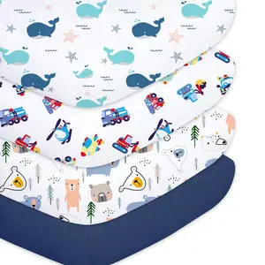 4 Pack Fitted  Sheets for  Boys, 28"x 52" Extra Soft Microfiber  Sheet Set for Standard  &  Mattress Pad, Whale &  & Little Bear & Navy Blue