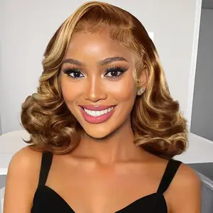 Ombre Highlight 4/27 Loose Wave Lace Front BOB Wigs Human Hair Pre Plucked 13x4 HD Wear And Go Glueless Short Curly Lace Frontal BOB Wigs For Black Women Human Hair 16 Inch