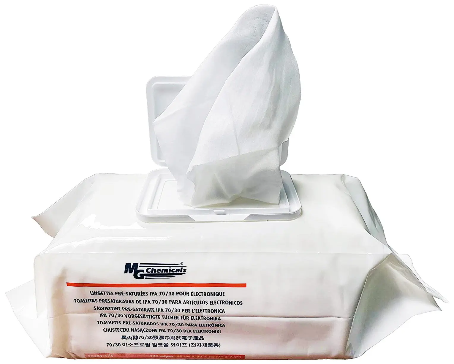 MG Chemicals 8241-140 70% IPA Presaturated Durable Spunlace Wood Pulp Electronics Cleaning Wipes, 140-Count Plastic-Safe Pack for Wood, Ink, Grime, Connectors, Office Equipment